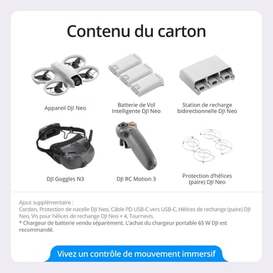 Pack Motion Fly More DJI Neo, Mini Drone avec Caméra 4K UHD avec RC Motion 3 et 3 Batteries