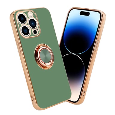 Coque pour Apple iPhone 14 PRO en Glossy Vert Clair - Or avec anneau Housse de protection Étui en silicone TPU flexible, avec protection pour appareil photo et support voiture magnétique