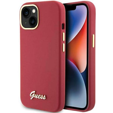 Custodia Guess per iPhone 15 6.1'' magenta Custodia rigida in silicone Script Metal Logo & Frame