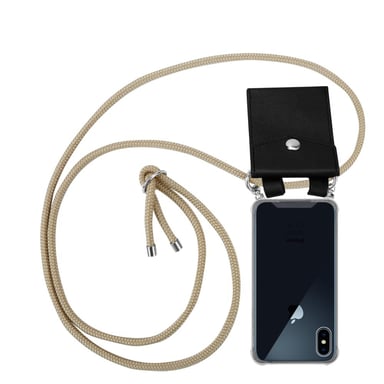 Tour de cou chaîne pour Apple iPhone X / XS en MARRON BRILLANT Housse de protection Étui en silicone avec anneaux argentés, cordon de serrage et étui amovible