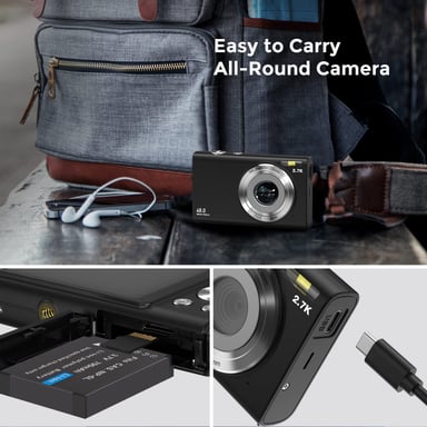 Appareil photo numérique 48MP 2,7K FHD zoom numérique 16X, webcam, mise au point automatique Black