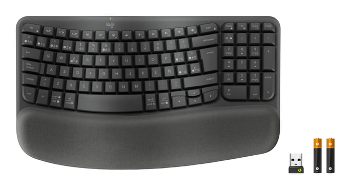 Logitech Wave Keys for Business, teclado ergonómico inalámbrico con reposamanos acolchado, tecnología Logi Bolt segura, Bluetooth, compatible con Wind