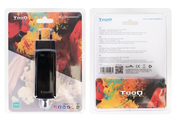 CARGADOR TOOQ PORTATIL GAN USB-C PD 65W CUBICO NEGRO