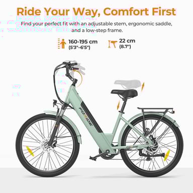 Vélo de Ville Électrique Foride Roamer 1 ST, Moteur 250W, Batterie 36V 13Ah, Pneus 27.5'' X 2.1'', 25 km/h, Autonomie 100 km - Vert