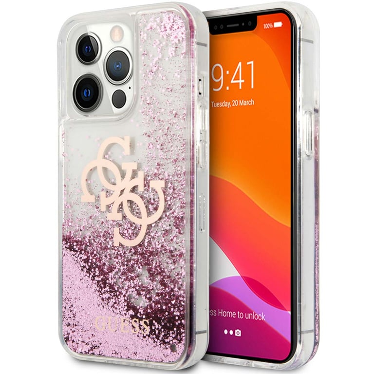 Guess Coque Big Liquid Glitter Rose pour iPhone 13 Pro Max
