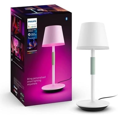 Philips White and Color Ambiance, lámpara de mesa portátil Hue Belle, compatible con Bluetooth, blanca