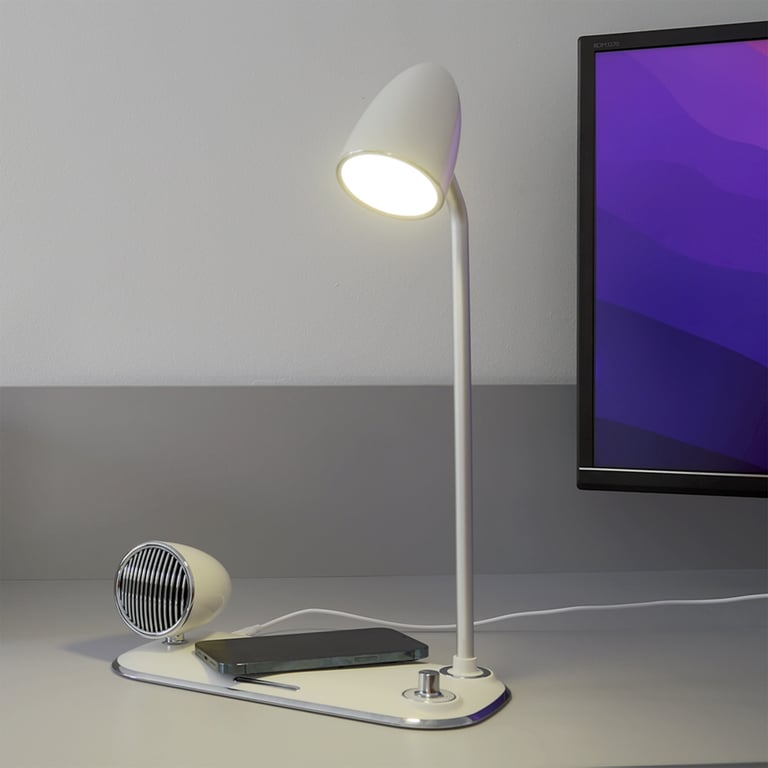 Tellur Nostalgia Cargador inalámbrico de escritorio 15W, Altavoz Bluetooth 5W, Lámpara de escritorio, blanco