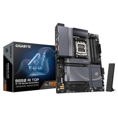 GIGABYTE B850 AI TOP Carte Mère - Processeurs AMD Ryzen Série 9000, 16+2+2 phases VRM numériques, jusqu'à 8600MHz DDR5 (OC), 2xPCIe 5.0 + 1xPCIe 4.0 M.2, LAN 10GbE, WIFI 7, USB 3.2 Gen 2x2