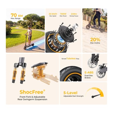 Patinete Eléctrico Ausom K20 VMP, Motor 1100W y Batería 648Wh, Autonomía 70km, Suspensión ShocFree, Bloqueo Inteligente NFC, Patinete Plegable para Adultos