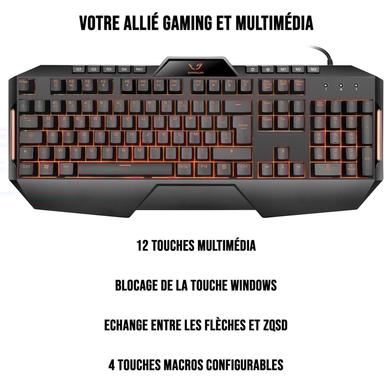 Gamium Clavier Gamer Filaire Ultra Mince, Gaming Keyboard USB Ergonomique LED Rétro-éclairage avec Raccourci Multimédia pour PS4, PC, Ordinateur, Bureau, Jeux - AZERTY