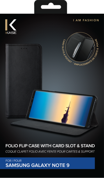 Coque clapet folio avec fente pour cartes & support pour Samsung Galaxy Note9, Noir