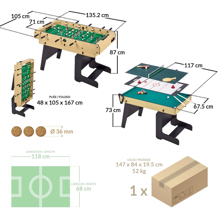 Kangui Table multi jeux pliable 4 en 1 ados - Baby-foot - Billard - Ping Pong - Hockey - vue 4