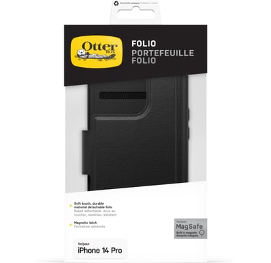 OtterBox Folio pour iPhone 14 Pro pour MagSafe, toucher doux avec 3 emplacements pour espèces/cartes de crédit, fixation magnétique solide, MagSafe, Compatible avec iPhone, noir, étui non inclus