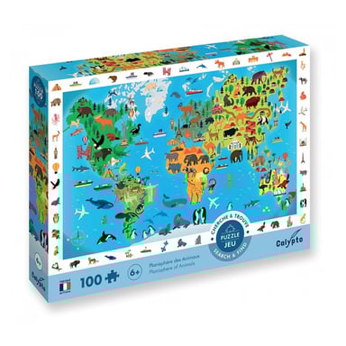 Puzzle educativo de 100 piezas: Caza y Busca Planisferio Animal