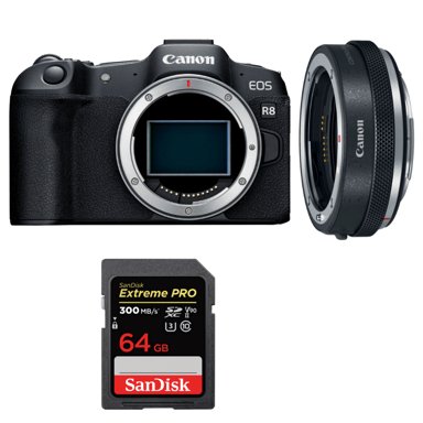 Appareil photo hybride Canon EOS R8 + EF-EOS R Premium + 1 SanDisk 64GB Extreme PRO UHS-II + Ebook ''20 astuces pour des images qui claquent''