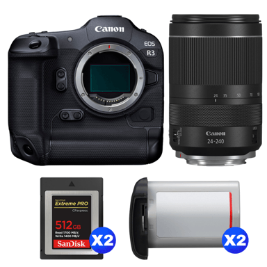Appareil photo hybride Canon EOS R3 + RF 24-240mm f/4-6.3 IS USM + 2 SanDisk 512GB Extreme PRO CFexpress Type B + 2 Canon LP-E19 + Ebook ''20 astuces pour des images qui claquent''