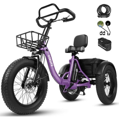 Triciclo eléctrico ESKUTE T302 Pro, 250 W, 48 V 20,8 Ah, con bolsa para teléfono, espejos retrovisores y candado de combinación - Violeta