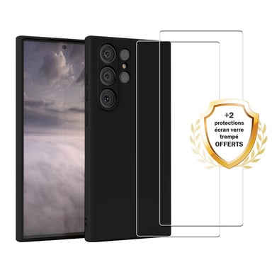 EVETANE Coque Samsung Galaxy S23 Ultra Silicone liquide Noire + 2 Vitres en Verre trempé Protection écran Antichocs
