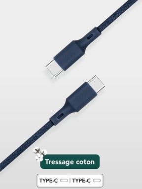 Câble Recyclable en coton USB C/USB C 2m Bleu Just Green