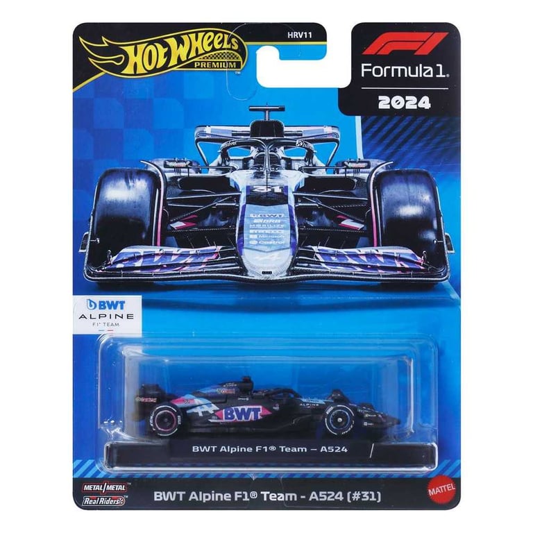 Voiture miniature Hot Wheels Premium BWT Alpine A524 (#31) 1:64 Métal Pneus Real Riders Noir/Rose/Bleu - Neuf