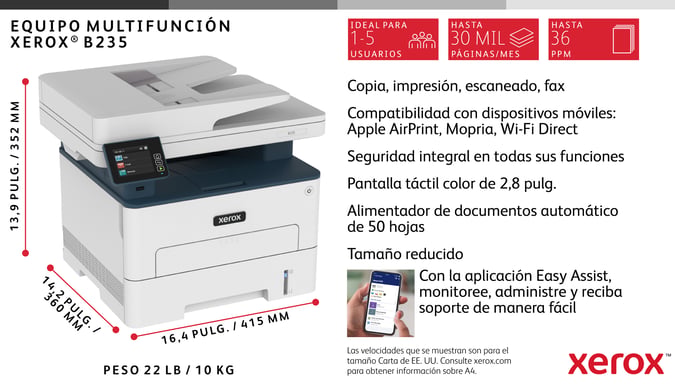 Xerox B235 A4 34 ppm Inalámbrica Copia/impresión/escaneado/fax PS3 PCL5e/6 ADF 2 bandejas Total 251 hojas