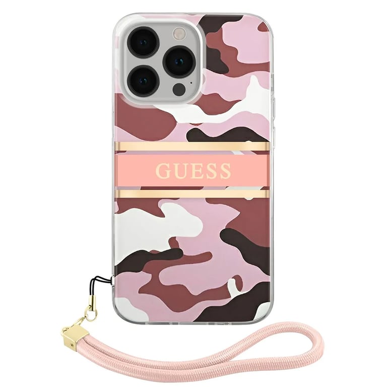 Guess Coque pour Apple iPhone 13 Pro Camo avec lanière nylon