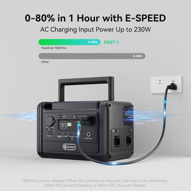 Estación de energía portátil Flashfish T300Pro, 300 W de potencia, 230 Wh de capacidad, batería de fosfato de hierro y litio.
