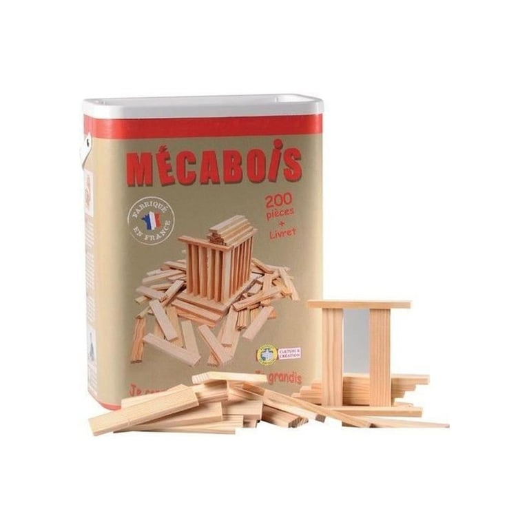 Jeu de construction en bois MÉCABOIS 200 planchettes pin naturel lisses Baril Fabriqué en France Neuf