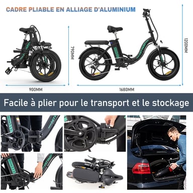 Vélo électrique pliant HITWAY - Pneu 20 pouces Fat Tire Ebikes - 250 W - SHIMANO à 7 Vitesses - 36V/11 - 2AH - Noir