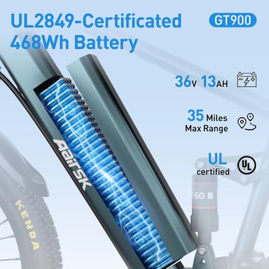 Aairsk GT900 26'' VTT et vélo de ville électrique Bleu, vitesse maximale de 25 km/h, vitesses 7/21 et double suspension