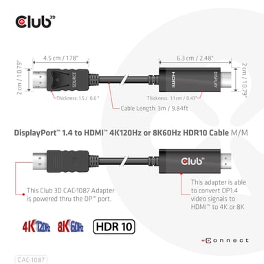 CLUB3D CAC-1087 câble vidéo et adaptateur 3 m DisplayPort HDMI Noir
