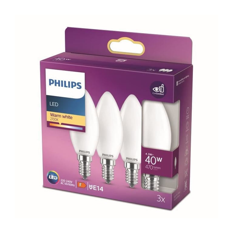 Pack de 3 ampoules LED Philips E27 40W, blanc chaud - Philips Hue