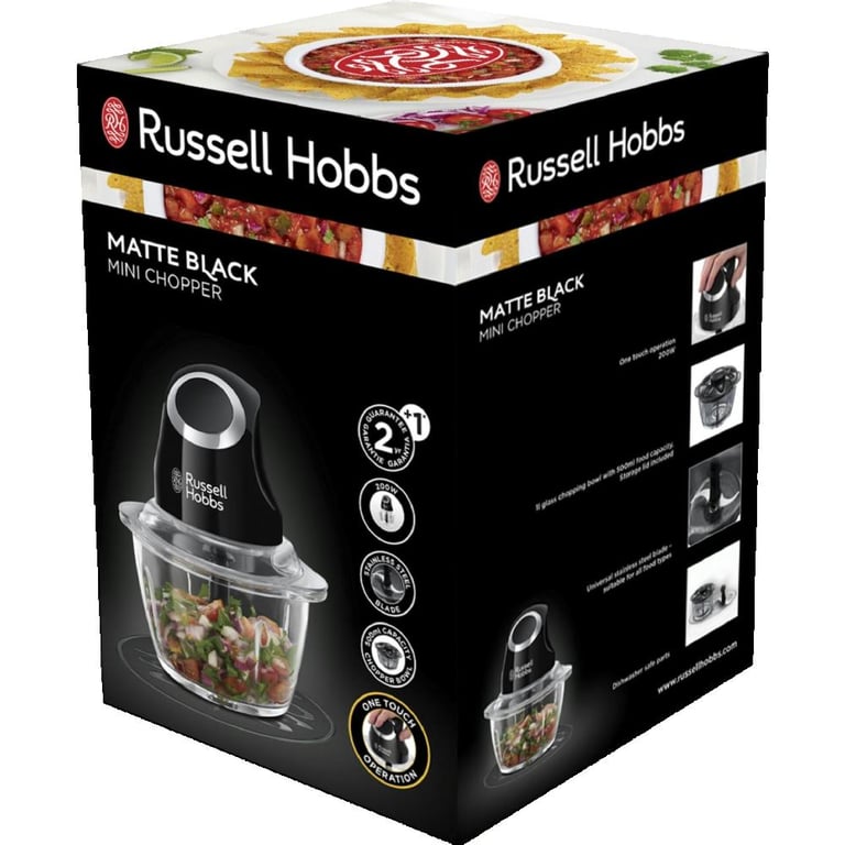 Russell Hobbs Mini Hachoir Electrique [Facile à Utiliser] 500ml Fonction 1 bouton Blender universel Légumes fruits & viandes Bol en verre 1 Lames Acier Inox Amovibles 24662