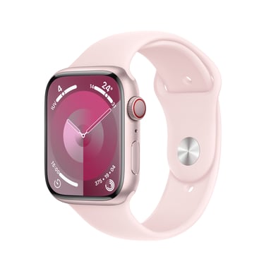 Watch Series 9 GPS + Cellulaire, boitier en aluminium de 45 mm avec boucle en caoutchouc, Rose, M/L