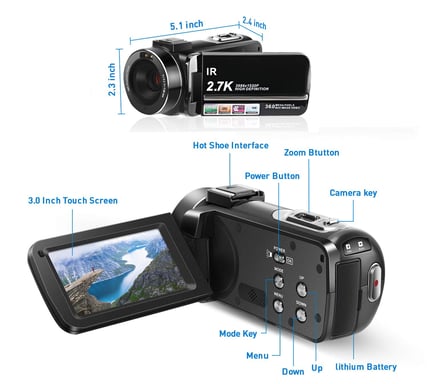 Videocamera 2.7K/36MP/zoom 16x/visione notturna IR