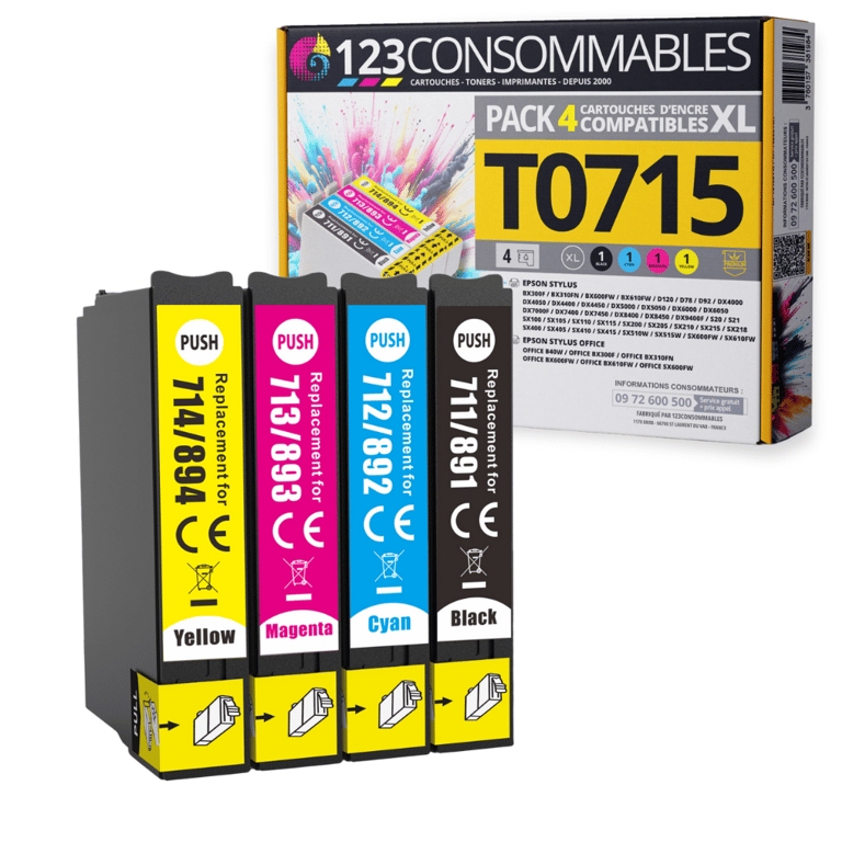 123CONSOMMABLES T0715 Pack pour Epson T0715 T0711 T0712 T713 T0714 Cartouches Compatible avec Epson Stylus SX218 SX400 SX510W SX515W DX7450 DX8450 8 / 4 Cyan / 4 / 4 Jaune Neuf - vue 3