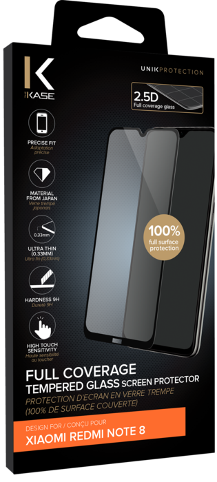 Protection d'écran en verre trempé (100% de surface couverte) pour Xiaomi Redmi Note 8, Noir