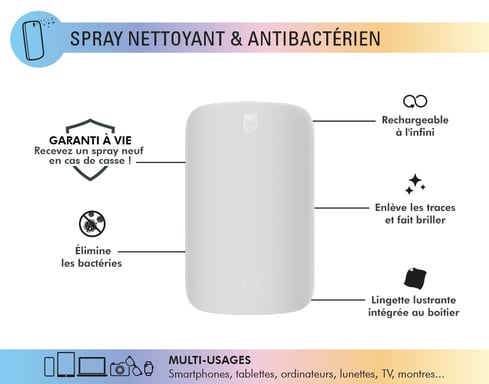 Spray nettoyant Magic Antibactérien avec Lingette intégrée 15ml Blanc + Garantie à vie Force Glass