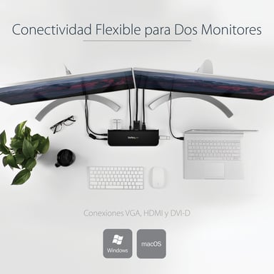 StarTech.com Docking station per notebook USB 3.0 a doppio schermo con HDMI/DVI/VGA, hub USB-A 3x, GbE, audio, docking station universale di tipo A per Windows/macOS/ChromeOS - Conforme TAA