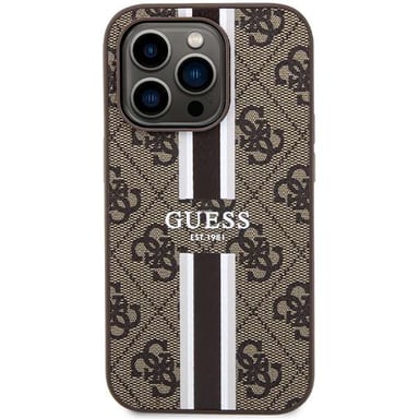 Custodia Guess per iPhone 15 Pro 6.1'' marrone Custodia rigida 4G a strisce stampate MagSafe
