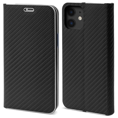 Moozy Étui Portefeuille pour iPhone 12, iPhone 12 Pro, Noir Carbone - Protection des Bords Métalliques Fermeture Magnétique Flip Cover avec Porte-Cartes