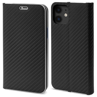 Moozy Étui Portefeuille pour iPhone 12 Mini, Noir Carbone - Protection des Bords Métalliques Fermeture Magnétique Flip Cover avec Porte-Cartes