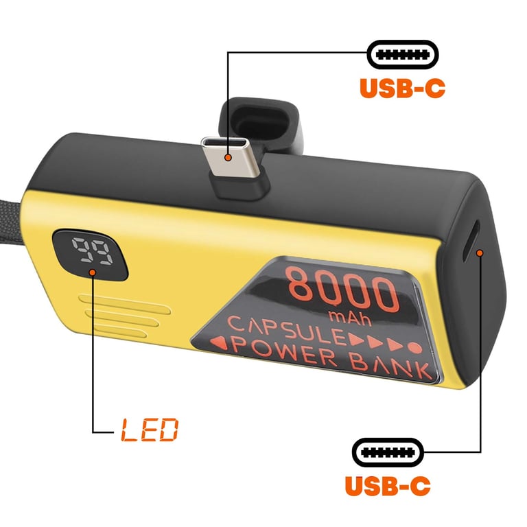 Mini Powerbank 8000mAh avec Connecteur USB C intégré et Format Porte Clé / Jaune Neuf - vue 3