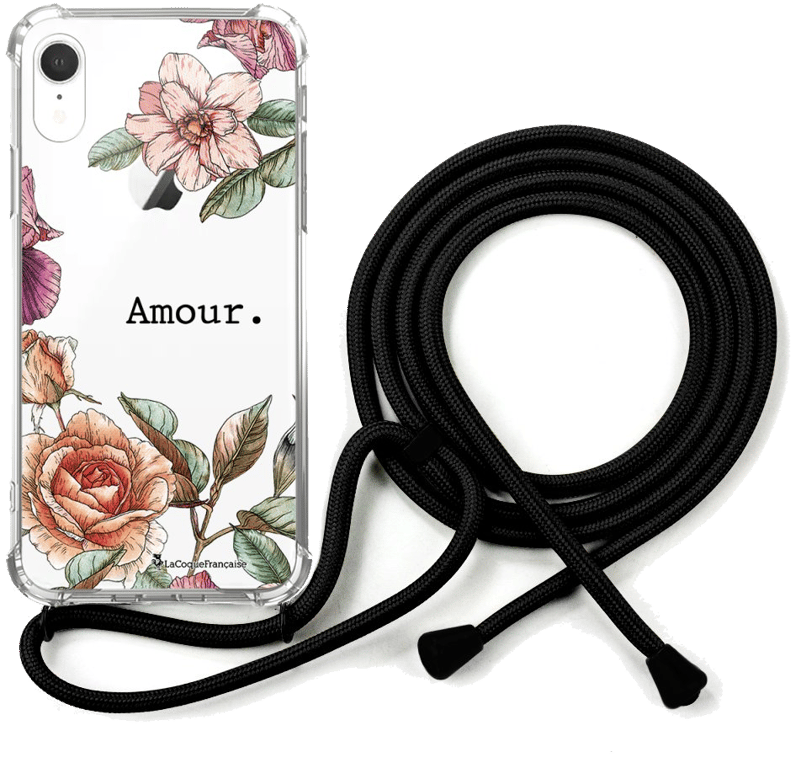 LaCoqueFrançaise Coque cordon Apple iPhone XR noir Dessin Amour en fleurs