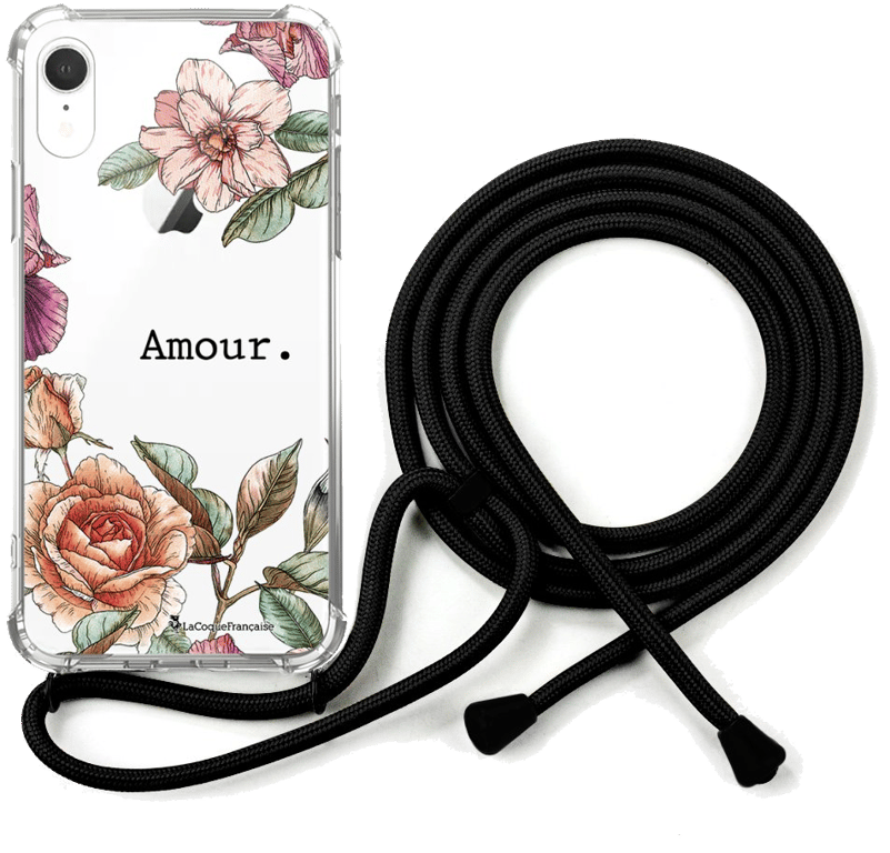 LaCoqueFrançaise Coque cordon Apple iPhone XR noir Dessin Amour en fleurs