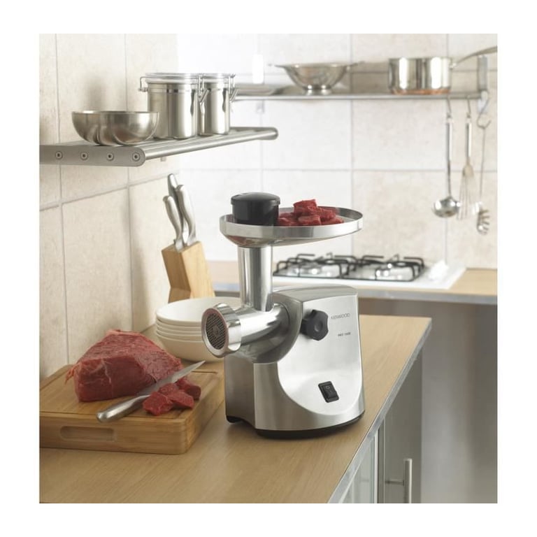 Hachoir à viande Kenwood MG510 450 W Aluminium brossé 3 grilles acier 125 kg/h accessoires saucisses et kebbés - Neuf