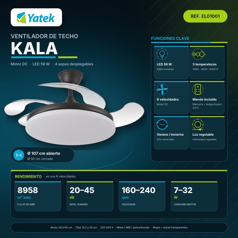 Ventilateur de plafond LED Yatek KALA pales retractables Neuf - vue 3