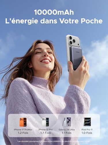 UGREEN Nexode Batterie Externe 10000mAh Compatible avec MagSafe iPhone 17 16 15 14 13 12 Air Plus Pro Max Power Bank Induction USB C Charge Rapide Chargeur Portable Magnétique sans Fil - vue 3