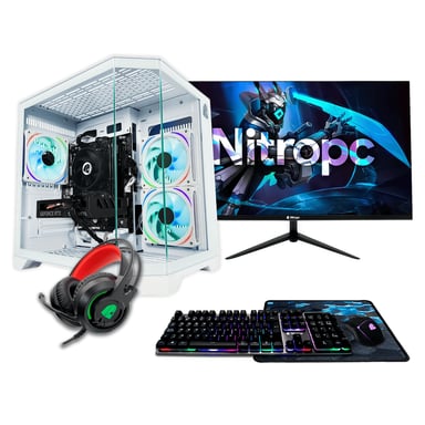 PC Gaming completo Nitropc Pack Silver Plus - AMD Ryzen 5 5500, RX 6600 8GB, RAM 16GB, M.2 1TB, Windows 11, WiFi, Blanco - Monitor 24'' FullHD + accesorios