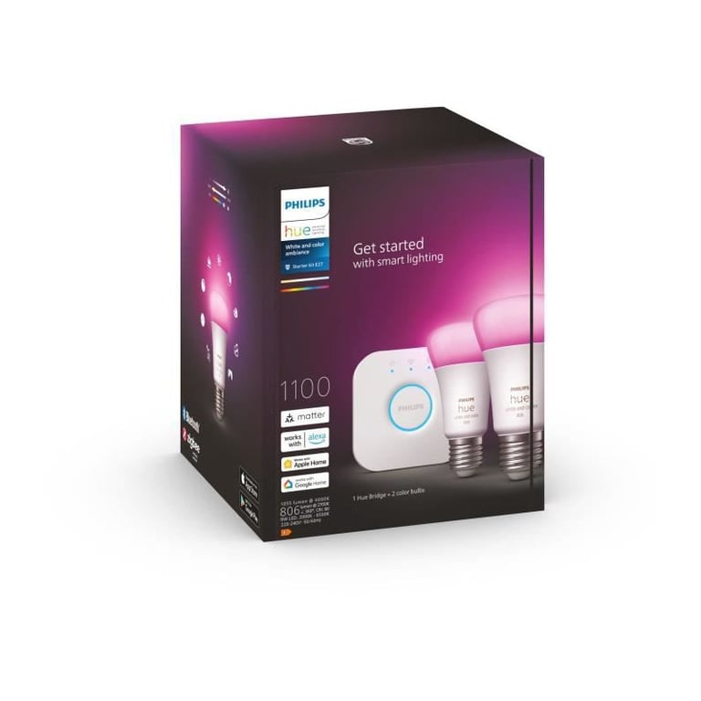 Kit de démarrage Philips Hue White and Color Ambiance avec 2 ampoules E27, 75W, Bluetooth et compatibilité avec Alexa, Google et Homekit - Neuf